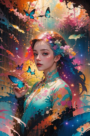 8k, (absurdres, highres, ultra detailed),1LADY. light blue butterfly (transparent, luminous), different world letters, pastel colors, fantasy world, Art Nouveau, Alphonse Mucha,firefliesfireflies