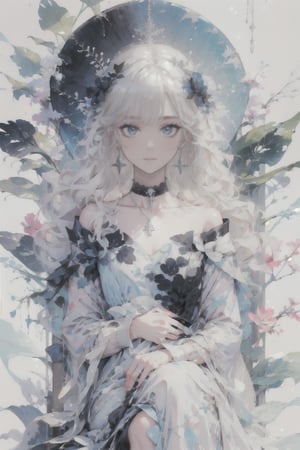 A young girl sits alone, her long white hair cascading down her back like a river of snow. Her bright blue eyes sparkle as she gazes directly at the viewer, a gentle blush rising to her cheeks. A delicate hair ornament adorns her locks, which fall between her eyes in soft waves. She wears black gloves and long sleeves under her flowing white dress, cinched at the collarbone by a silver chain. A black choker with a small cross pendant glimmers around her neck. Her feet are lost outside of frame, but her hands cradle a spoon as if she's savoring a secret treat.