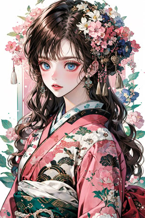 1girl, solo, long hair, looking at viewer, blush, bangs, blue eyes, brown hair, hair ornament, long sleeves, bow, closed mouth, upper body, flower, parted lips, japanese clothes, hair flower, kimono, grey eyes, book, eyelashes, wavy hair, floral print, tassel, pink flower, pink kimono,masterpiece