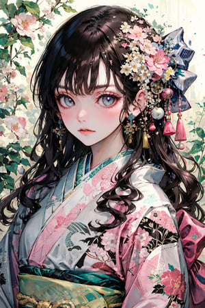 1girl, solo, long hair, looking at viewer, blush, bangs, blue eyes, brown hair, hair ornament, long sleeves, bow, closed mouth, upper body, flower, parted lips, japanese clothes, hair flower, kimono, grey eyes, book, eyelashes, wavy hair, floral print, tassel, pink flower, pink kimono