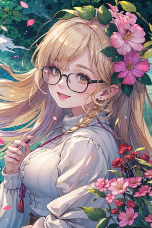 8k, (absurdres, highres, ultra detailed), (1lady:1.3), (((blond_green_long_hair))), ultra resolution image, kawaii, mystery, aesthetic:1.2, colorful, dynamic angle, highest detailed face), big glasses, black rimmed glasses, happy smile, (wearing a pink oversized_sweater:1.2), pleated skirt, sunset, fall colors, beautiful trees, nature, flowers, windy, hair flowing in the wind, sun shinning through hair, high contrast, (official art, extreme detailed, highest detailed, natural skin texture, hyperrealism, soft light, sharp, perfect face), golden dawn, :d, Big boobs1:3. (((Smoky makeup))), curvy, ,midjourney