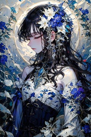 1girl, solo, long hair, black hair, dress, bare shoulders, closed eyes, flower, heart, water, profile, floating hair, watermark, moon, corset, waves