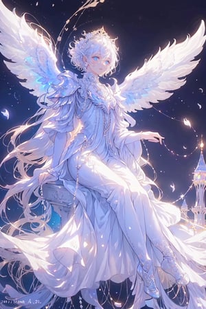 8k, Fluffy White Angel male perched upon golden bejeweled tower in a heavenly utopian city, huge feathery angel wings, glowing nebula eyes, white flowing clouds, ivory armor with diamond gem inlay, trending on artstation, sharp focus, studio photo, intricate details, highly detailed, by tim burton,