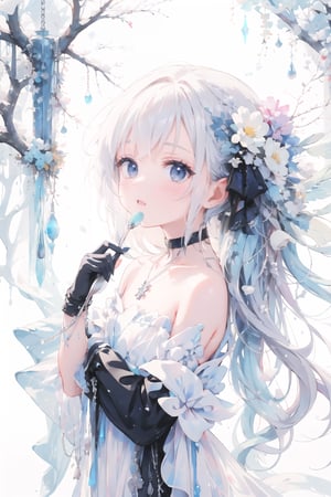 A young girl sits alone, her long white hair cascading down her back like a river of snow. Her bright blue eyes sparkle as she gazes directly at the viewer, a gentle blush rising to her cheeks. A delicate hair ornament adorns her locks, which fall between her eyes in soft waves. She wears black gloves and long sleeves under her flowing white dress, cinched at the collarbone by a silver chain. A black choker with a small cross pendant glimmers around her neck. Her feet are lost outside of frame, but her hands cradle a spoon as if she's savoring a secret treat.