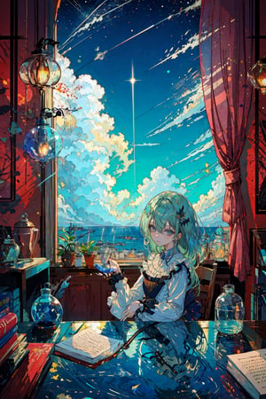 1girl, solo, long hair, looking at viewer, bangs, blue eyes, shirt, hair ornament, long sleeves, holding, hair between eyes, sitting, very long hair, white shirt, frills, parted lips, green hair, sky, day, cloud, indoors, bag, tree, book, window, aqua hair, chair, table, curtains, frilled sleeves, bookshelf, jar, flask, globe,portrait