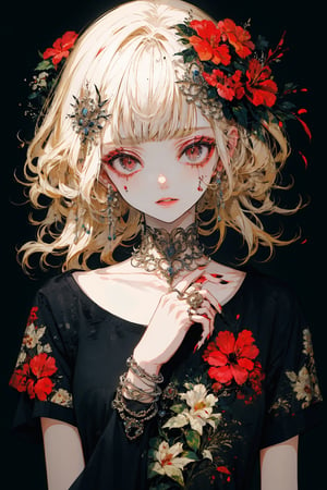 1girl, solo, looking at viewer, bangs, blonde hair, shirt, hair ornament, red eyes, jewelry, collarbone, upper body, flower, parted lips, choker, hair flower, blunt bangs, nail polish, lips, fingernails, head tilt, black shirt, eyelashes, blood, makeup, black choker, ring, red flower, t-shirt, black nails, clothes writing, red background, blood on face, hibiscus,portrait, tears,illustration