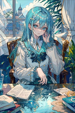 A serene portrait of a girl with very long, vibrant aqua hair and matching green streaks, framed by the soft glow of daylight streaming through the white-frilled windows. Her blue eyes meet the viewer's gaze, bangs framing her heart-shaped face. A delicate hair ornament adorns her forehead as she sits comfortably on a chair, her long sleeves gathered in frills. Her parted lips are set in a gentle smile as she cradles her hair between her eyes, holding it close like a treasured secret. The room is filled with natural light, casting a warm glow on the bookshelf, jar, and globe nearby, while the curtains billow softly in the breeze.