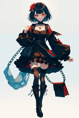 1girl, solo, breasts, looking at viewer, short hair, bangs, simple background, black hair, hair ornament, red eyes, thighhighs, long sleeves, white background, dress, bow, cleavage, jewelry, closed mouth, standing, full body, flower, hair bow, earrings, boots, frills, belt, hair flower, blunt bangs, bag, black footwear, black dress, sleeves past wrists, book, black bow, chain, knee boots, cross, brooch, gem, fishnets, corset, cross-laced footwear, sleeves past fingers, lolita fashion, handbag, gothic lolita, lace-up boots, key, fishnet thighhighs, pocket watch, gothic