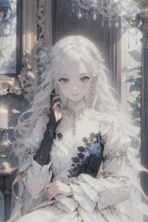 A young girl sits contemplatively in a dimly lit, ornate room with high ceilings and wooden paneling. The warm glow of a nearby candle casts a soft, golden light upon her porcelain skin. Her long white hair falls like a veil around her face, framing her bright blue eyes that sparkle with secrets. A delicate silver chain cinches the collarbone of her flowing white dress, adorned with black gloves and long sleeves. The camera captures her hands cradling a spoon, as if savoring a whispered secret.