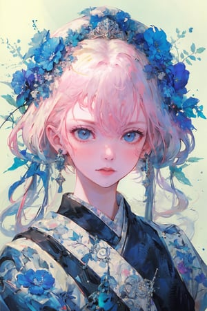 8k, (absurdres, highres, ultra detailed), (1lady:1.3), a close up of a woman's face surrounded by flowers, stunning anime face portrait, cgsociety 9, beautiful anime portrait, detailed portrait of anime girl, 🌺 cgsociety, gorgeous digital art, girl in flowers, blue flowers, wlop painting style, with frozen flowers around her, stunning cgsociety, portrait anime girl, art of wlop, beautiful anime style, midjourney, CLOUD,