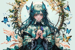 8k, (absurdres, highres, ultra detailed), a woman with long hair holding a crystal ball in her hands and surrounded by butterflies and butterflies around her, Anna Dittmann, anime art, a detailed painting, gothic art, animal, bee, beetle, bird, blue_butterfly, blue_dress, bug, butterfly, butterfly_hair_ornament, butterfly_on_hand, butterfly_print, butterfly_wings, crystal, dragonfly, dress, fairy, glowing_butterfly, hair_between_eyes, hair_ornament, kashiwazaki_sena, leaf, long_hair, long_sleeves, looking_at_animal, looking_at_viewer, origami, own_hands_together, paper_crane, solo, white_butterfly, yellow_butterfly