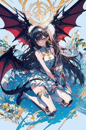 1girl, solo, long hair, breasts, looking at viewer, bangs, black hair, thighhighs, dress, bare shoulders, closed mouth, tail, full body, hairband, small breasts, frills, wings, horns, sleeveless, pointy ears, black thighhighs, blunt bangs, white dress, grey eyes, kneeling, frilled dress, white flower, dragon horns, dragon girl, dragon tail, mecha musume, mechanical arms, one knee, mechanical wings, dragon wings, mechanical legs, mechanical tail,portrait,illustration