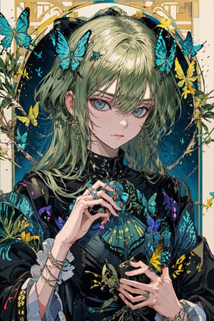 8k, (absurdres, highres, ultra detailed), a woman with long hair holding a crystal ball in her hands and surrounded by butterflies and butterflies around her, Anna Dittmann, anime art, a detailed painting, gothic art, animal, bee, beetle, bird, blue_butterfly, blue_dress, bug, butterfly, butterfly_hair_ornament, butterfly_on_hand, butterfly_print, butterfly_wings, crystal, dragonfly, dress, fairy, glowing_butterfly, hair_between_eyes, hair_ornament, kashiwazaki_sena, leaf, long_hair, long_sleeves, looking_at_animal, looking_at_viewer, origami, own_hands_together, paper_crane, solo, white_butterfly, yellow_butterfly