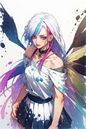 collar, bare shoulders, ((colorful hair)), ((streaked hair)), beautiful detailed eyes, (Gradient color eyes), (((colorful eyes))), super long hair, small breasts, (cowboy shot), (white background), ribbon, ((pleated skirt):1.25), detailed clothes, (splatter)/=((colorful ink splash wings):1.4),
,watercolor