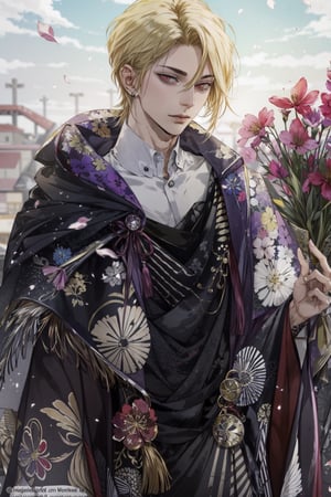 (Tall young handsome man, blonde, red eyes, glowing eyes, levi ackerman hairstyle,) line drawing , floral, fantasy, white background, HD, anime, watercolor, ink, flowers & blossoms, golden hour, bokeh, ambient environment, epic, 4k, beautiful landscape, centered, full picture