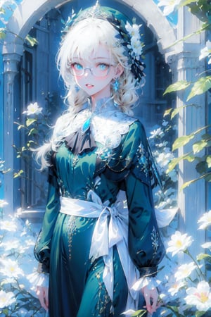 1girl, solo, long hair, looking at viewer, bangs, blue eyes, blonde hair, shirt, long sleeves, hat, dress, holding, jewelry, green eyes, braid, flower, earrings, outdoors, parted lips, glasses, twin braids, ascot, capelet, heterochromia, brooch, green dress, green headwear, white ascot