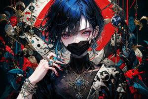 1girl, solo, looking at viewer, short hair, jewelry, blue hair, earrings, parted lips, hand up, necklace, nail polish, fingernails, black shirt, mask, piercing, ring, ear piercing, red background, smoke, blue nails, multicolored eyes, multiple rings