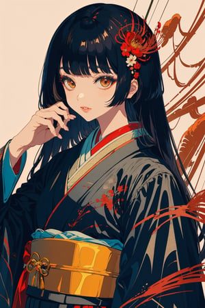 1girl, solo, long hair, looking at viewer, bangs, black hair, holding, brown eyes, upper body, flower, parted lips, japanese clothes, blunt bangs, kimono, lips, eyelashes, red flower, portrait, holding flower, spider lily