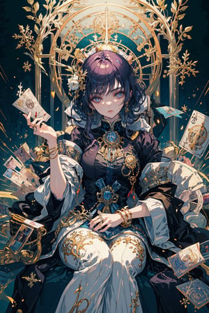 A majestic masterpiece of official art, capturing the essence of '1GIRL' with long wave hair that flows like a golden waterfall. Her features are as delicate as snowflakes, set against a detailed, isometric background reminiscent of Art Nouveau's ornate patterns. The scene is bathed in a warm, black-golden-purple light, evoking the mystical aura of tarot cards. In this stunning illustration, our subject sits poised, her gaze captivating and mysterious, as if conjuring forth secrets from the very fabric of the intricate design that surrounds her.