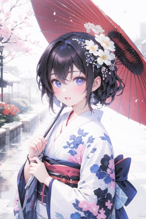 1girl, solo, looking at viewer, blush, short hair, bangs, blue eyes, brown hair, hair ornament, long sleeves, holding, hair between eyes, purple eyes, upper body, flower, sidelocks, hairband, outdoors, parted lips, japanese clothes, hair flower, wide sleeves, kimono, sash, umbrella, obi, floral print, holding umbrella, print kimono, oil-paper umbrella, red umbrella