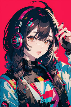 1girl, solo, long hair, looking at viewer, simple background, black hair, brown eyes, braid, parted lips, mole, twin braids, lips, mole under eye, headphones, pink background, portrait, science fiction, cable, cyberpunk