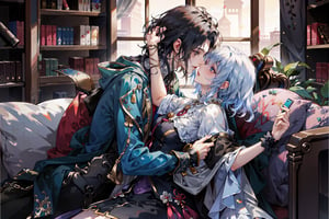 8k, middle world clothing, library, Rococo style, sweet, romance,midjourney, kissing