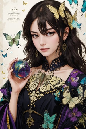 8k, (absurdres, highres, ultra detailed), a woman with long hair holding a crystal ball in her hands and surrounded by butterflies and butterflies around her, Anna Dittmann, anime art, a detailed painting, gothic art, animal, bee, beetle, bird, blue_butterfly, blue_dress, bug, butterfly, butterfly_hair_ornament, butterfly_on_hand, butterfly_print, butterfly_wings, crystal, dragonfly, dress, fairy, glowing_butterfly, hair_between_eyes, hair_ornament, kashiwazaki_sena, leaf, long_hair, long_sleeves, looking_at_animal, looking_at_viewer, origami, own_hands_together, paper_crane, solo, white_butterfly, yellow_butterfly