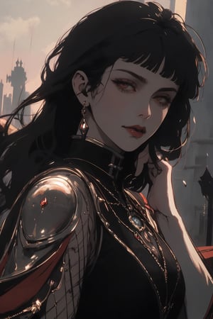 (Masterpiece, Top Quality, Best Quality, Official Art, Beauty and Aesthetics: 1.2), hdr, high contrast, wide shot, 1girl, long straight black hair, blunt bangs, cheering for the audience, noticeable brown eyes, long light eyebrows , soft makeup, gradient lips, hourglass figure, big breasts exposed, finger details, background details, ambient lighting, extreme details, cinematic shots, realistic illustrations, (Ultra Detail: 1.2), Swordsman,perfect,portrait,illustration,masterpiece