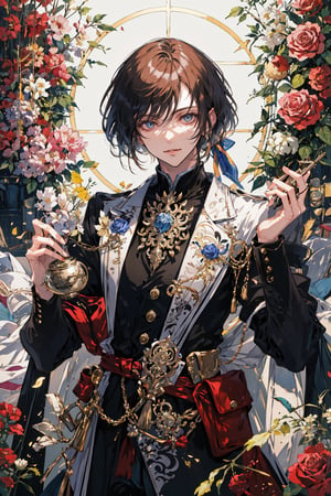 Official Art, Unity 8K Wallpaper, Extreme Detailed, Beautiful and Aesthetic, Masterpiece, Top Quality, perfect anatomy, MALE, (male:1.5) a beautiful male with a brown satchel filled with flowers, apothecary, wildflower, 1guy, solo, smile, long sleeves, holding, flower, rose, holding flower, blue rose, brown theme, a beautifully drawn (((ink illustration))) watercolor painting, concept art, (best illustration), (best shadow), Analog Color Theme, vivid colours, contrast, smooth, sharp focus, scenery, (Pencil_Sketch:1.2,masterpiece, midjourney, best quality, incredibly absurdres, messy lines,high detail eyes,More Detail,perfect light,portrait