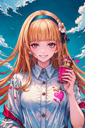 1girl, solo, long hair, looking at viewer, smile, bangs, blonde hair, shirt, holding, brown eyes, jewelry, white shirt, upper body, heart, hairband, earrings, teeth, blunt bangs, grin, lips, animal, cat, holding animal,masterpiece, outdoor, sunshine, cloud,