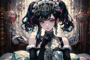 1girl, solo, long hair, breasts, looking at viewer, bangs, black hair, gloves, animal ears, bare shoulders, twintails, jewelry, closed mouth, upper body, multicolored hair, earrings, detached sleeves, black gloves, elbow gloves, indoors, lips, fur trim, maid headdress, on bed