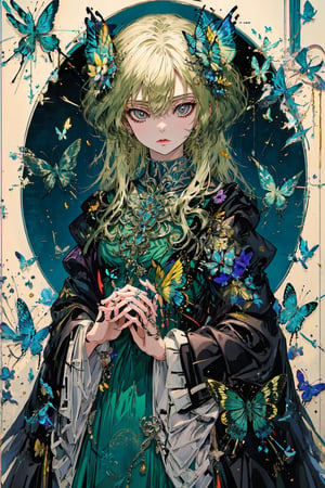 8k, (absurdres, highres, ultra detailed), a woman with long hair holding a crystal ball in her hands and surrounded by butterflies and butterflies around her, Anna Dittmann, anime art, a detailed painting, gothic art, animal, bee, beetle, bird, blue_butterfly, blue_dress, bug, butterfly, butterfly_hair_ornament, butterfly_on_hand, butterfly_print, butterfly_wings, crystal, dragonfly, dress, fairy, glowing_butterfly, hair_between_eyes, hair_ornament, kashiwazaki_sena, leaf, long_hair, long_sleeves, looking_at_animal, looking_at_viewer, origami, own_hands_together, paper_crane, solo, white_butterfly, yellow_butterfly