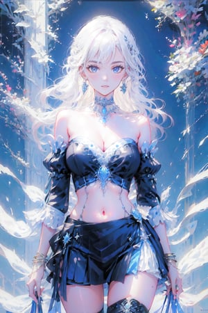 1girl, solo, long hair, breasts, looking at viewer, bangs, blue eyes, skirt, large breasts, navel, holding, cleavage, bare shoulders, jewelry, very long hair, standing, purple eyes, white hair, thighs, cowboy shot, earrings, detached sleeves, choker, midriff, miniskirt, huge breasts, bracelet, crop top, strapless, staff, holding staff