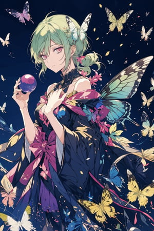 8k, (absurdres, highres, ultra detailed), a woman with long hair holding a crystal ball in her hands and surrounded by butterflies and butterflies around her, Anna Dittmann, anime art, a detailed painting, gothic art, animal, bee, beetle, bird, blue_butterfly, blue_dress, bug, butterfly, butterfly_hair_ornament, butterfly_on_hand, butterfly_print, butterfly_wings, crystal, dragonfly, dress, fairy, glowing_butterfly, hair_between_eyes, hair_ornament, kashiwazaki_sena, leaf, long_hair, long_sleeves, looking_at_animal, looking_at_viewer, origami, own_hands_together, paper_crane, solo, white_butterfly, yellow_butterfly