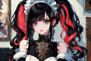 1girl, solo, long hair, breasts, looking at viewer, bangs, black hair, gloves, animal ears, bare shoulders, twintails, jewelry, closed mouth, upper body, multicolored hair, earrings, detached sleeves, black gloves, elbow gloves, indoors, lips, fur trim, maid headdress, on bed,portrait