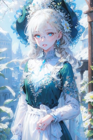 1girl, solo, long hair, looking at viewer, bangs, blue eyes, blonde hair, shirt, long sleeves, hat, dress, holding, jewelry, green eyes, braid, flower, earrings, outdoors, parted lips, glasses, twin braids, ascot, capelet, heterochromia, brooch, green dress, green headwear, white ascot