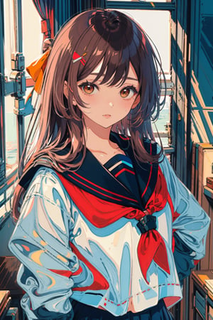 1girl, solo, long hair, looking at viewer, blush, bangs, brown hair, shirt, black hair, bow, ribbon, brown eyes, closed mouth, school uniform, white shirt, upper body, serafuku, indoors, sailor collar, black eyes, lips, neckerchief, window, blue sailor collar, red neckerchief