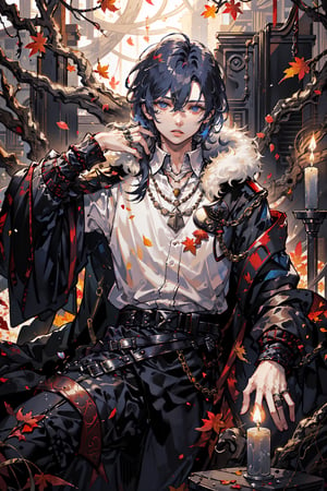 solo, looking at viewer, short hair, bangs, blue eyes, shirt, black hair, long sleeves, 1boy, hair between eyes, jewelry, sitting, jacket, white shirt, male focus, outdoors, parted lips, sky, belt, necklace, tree, black jacket, fur trim, leaf, fire, fur collar, candle, autumn leaves