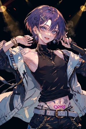 solo, looking at viewer, smile, short hair, open mouth, shirt, 1boy, navel, holding, jewelry, nipples, jacket, purple hair, male focus, cowboy shot, earrings, open clothes, teeth, tongue, belt, pants, necklace, off shoulder, collar, bracelet, black jacket, see-through, open shirt, tattoo, black pants, abs, pectorals, bare pectorals, stage, stage lights