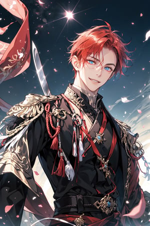 boy, red_hair, light_blue_eye, happy_face, swordsman,AOTSalute,1boy,male, flight