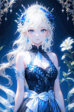 1girl, solo, long hair, breasts, looking at viewer, bangs, blue eyes, blonde hair, hair ornament, dress, bow, cleavage, bare shoulders, jewelry, medium breasts, closed mouth, upper body, flower, earrings, sleeveless, hair flower, parted bangs, sleeveless dress, blue dress, wavy hair, gem, blue flower, blue theme, arms at sides