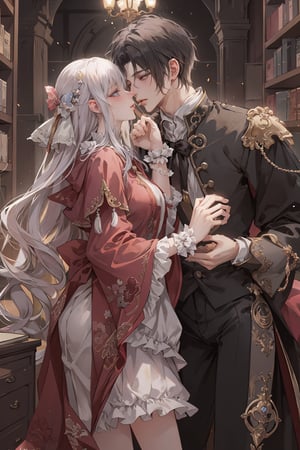 8k, middle world clothing, library, Rococo style, sweet, romance,midjourney, kissing