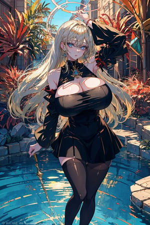 1girl, solo, long hair, breasts, looking at viewer, blue eyes, blonde hair, large breasts, thighhighs, long sleeves, dress, cleavage, bare shoulders, jewelry, standing, pantyhose, earrings, parted lips, detached sleeves, wide sleeves, black dress, halterneck, watermark