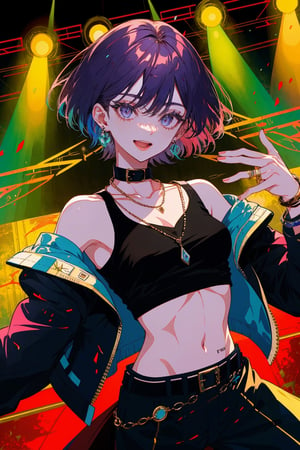 solo, looking at viewer, smile, short hair, open mouth, shirt, 1boy, navel, holding, jewelry, nipples, jacket, purple hair, male focus, cowboy shot, earrings, open clothes, teeth, tongue, belt, pants, necklace, off shoulder, collar, bracelet, black jacket, see-through, open shirt, tattoo, black pants, abs, pectorals, bare pectorals, stage, stage lights,portrait