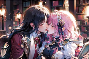 8k, middle world clothing, library, Rococo style, sweet, romance,midjourney, kissing