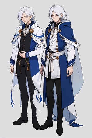 masterpiece, best quality, (extremely detailed face),20 years old handsome male, (short WHITE hair), blue pupils, dressed in White top, (white, hooded jacket with blue pattern on the edge, (loose sleeves)), (white slim pants), (white long boots decorated with lot of white feathers),(feather and sapphire accessories), elegant clothing, CharacterSheet (multiple views, front full body, back full body, reference sheet:1), character design, reference sheet, multiple views(gray background, simple background:1.2), 1guy, masculine,1guy