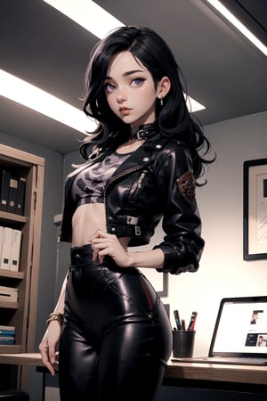 (masterpiece), best quality, high resolution, highly detailed, detailed background office, perfect lighting, 1girl, purple eyes, small breasts, ,sansan33, short black hair, leather pants, long snakeskin jacket,long hair, blouse, short black hair