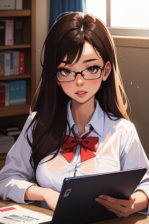 (masterpiece, best quality:1.4), ultra-detailed, soft light, natural lighting, cinematic light,  (depth of field), (1woman, solo:1.4), mature woman, chubby female form, (perfect face, detailed face, glossy lips, eyeliner),hazel eyes, long hair, brown hair, (natural breasts), (school uniform, glasses) (mixtape:1.4), (books, cats, in background), (studying on laptop), rainy day, SAM YANG