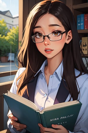 (masterpiece, best quality:1.4), ultra-detailed, soft light, natural lighting, cinematic light,  (depth of field), (1woman, solo:1.4), mature woman, chubby female form, (perfect face, detailed face, glossy lips, eyeliner),hazel eyes, long hair, brown hair, (natural breasts), (school uniform, glasses) chubby (mixtape:1.4), (books, cats, in background), (reading a book), rainy day, SAM YANG