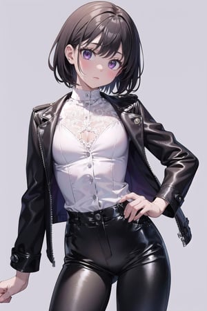 (masterpiece), best quality, high resolution, highly detailed, detailed background, perfect lighting, 1girl, purple eyes, flat breasts, blouse, ,sansan33, short black hair, leather pants, snake skin jacket